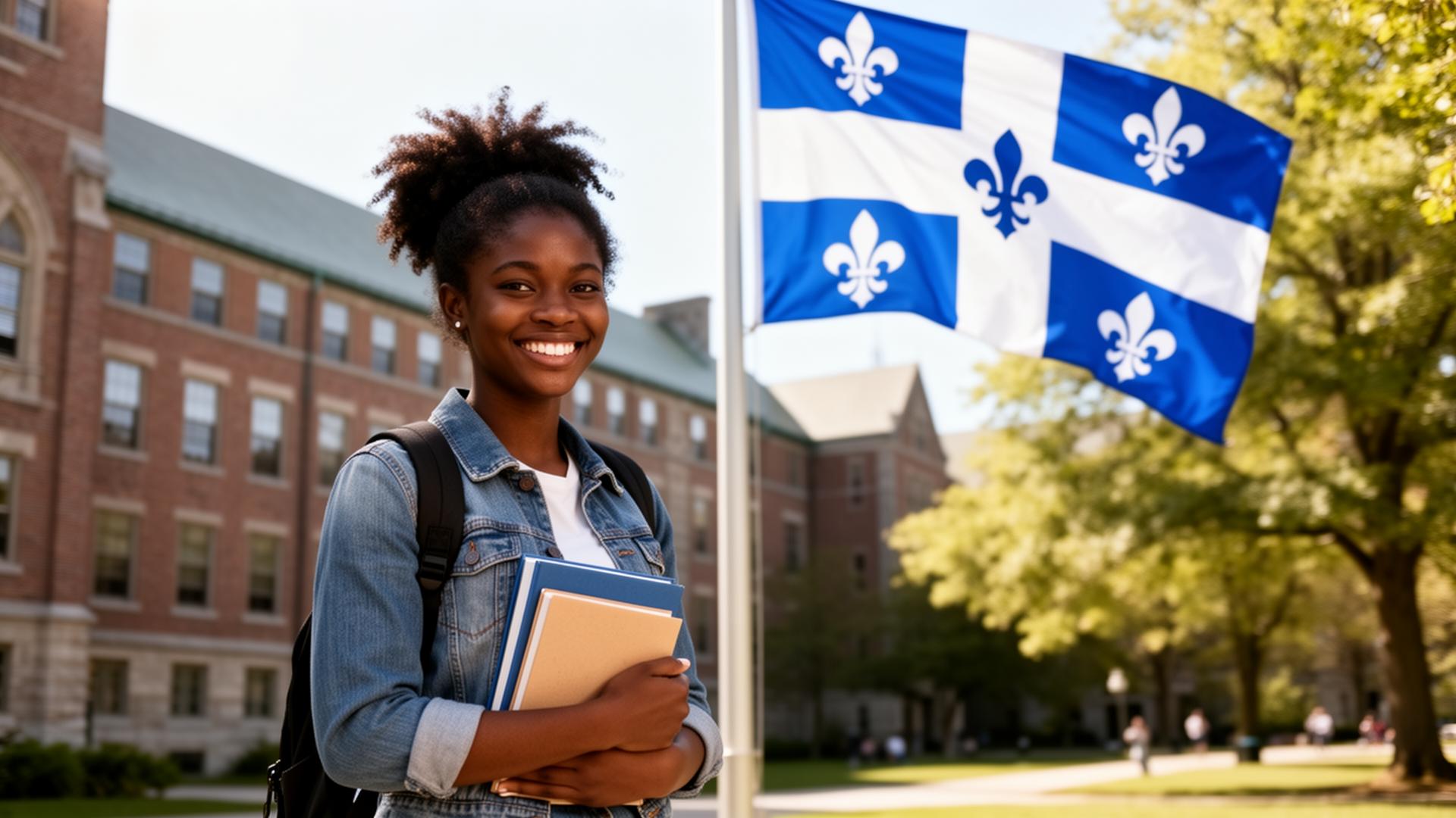 Étudiante internationale au Québec devant le drapeau fleurdelisé