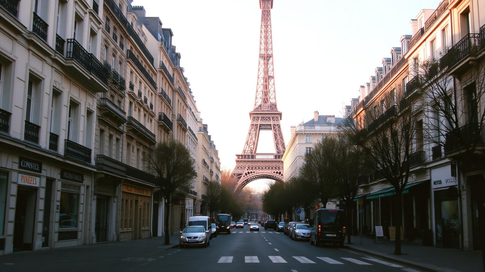 Rue parisienne avec la tour Eiffel en arrière-plan au lever du soleil