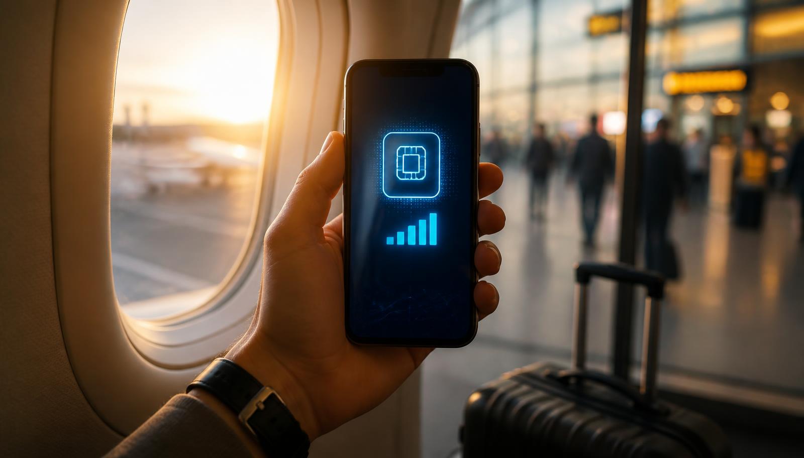 Voyageur tenant un téléphone affichant l'activation d'une eSIM à bord d'un avion