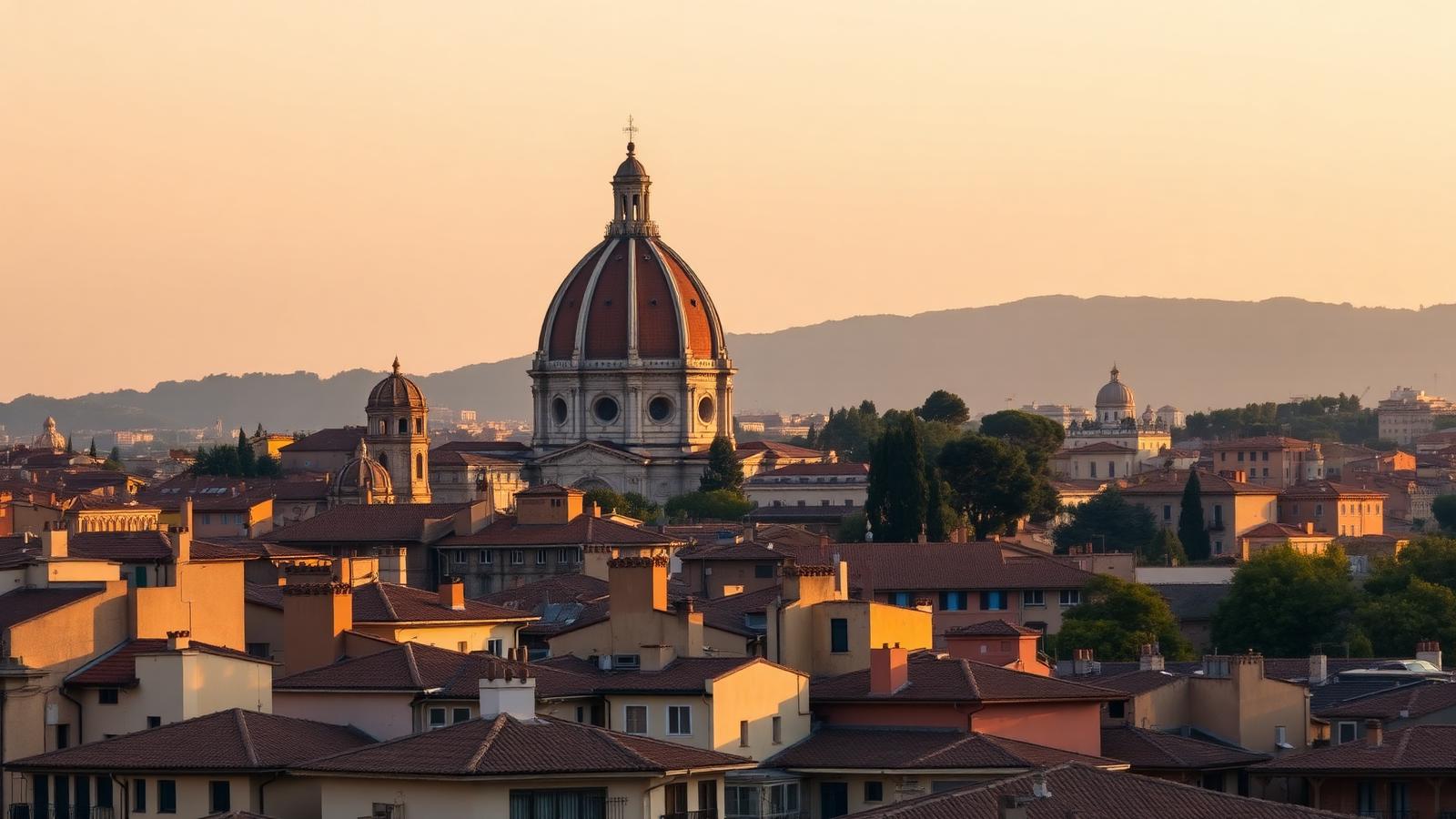 Toits de tuiles et dôme d'une ville italienne à l'heure dorée