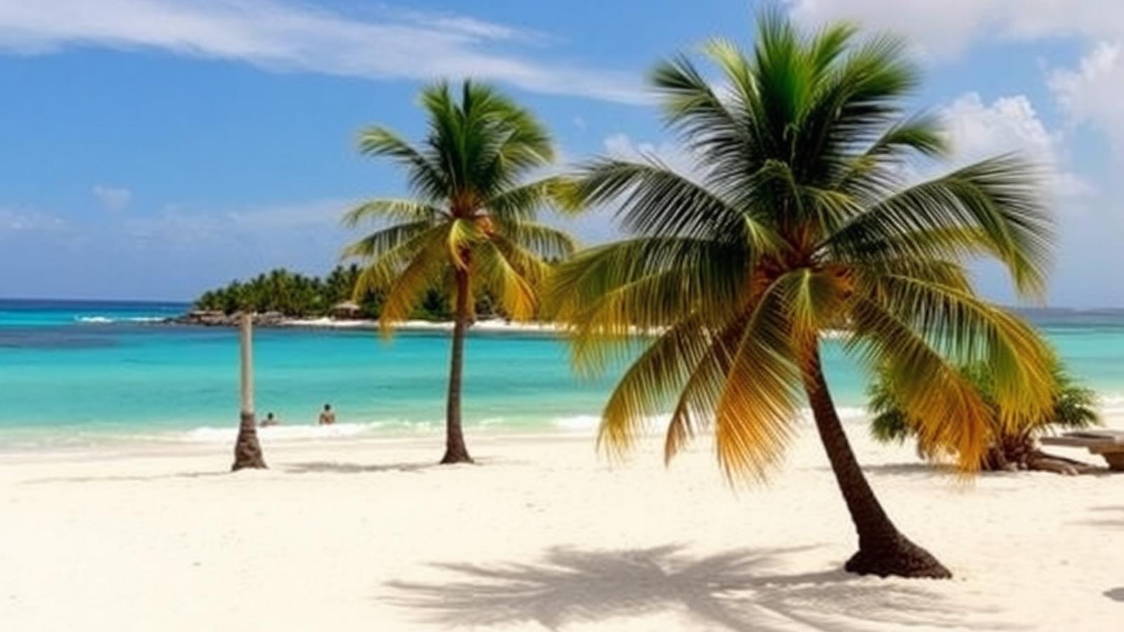 Plage de sable blanc et palmiers de la Riviera Maya au Mexique