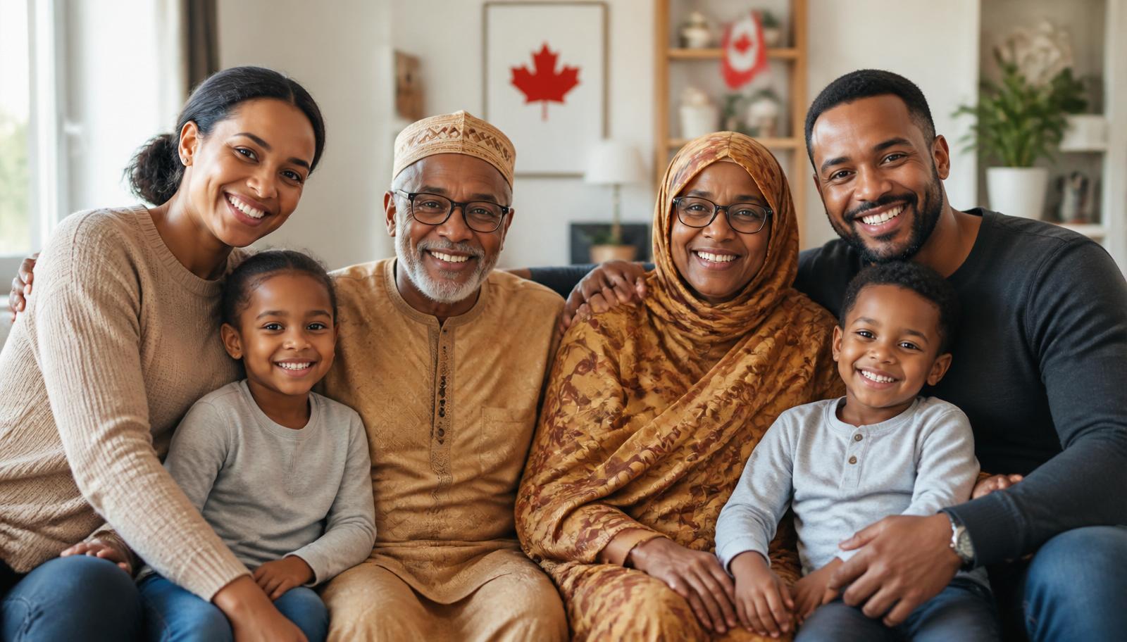 Grands-parents africains souriants entourés de leur famille au Canada