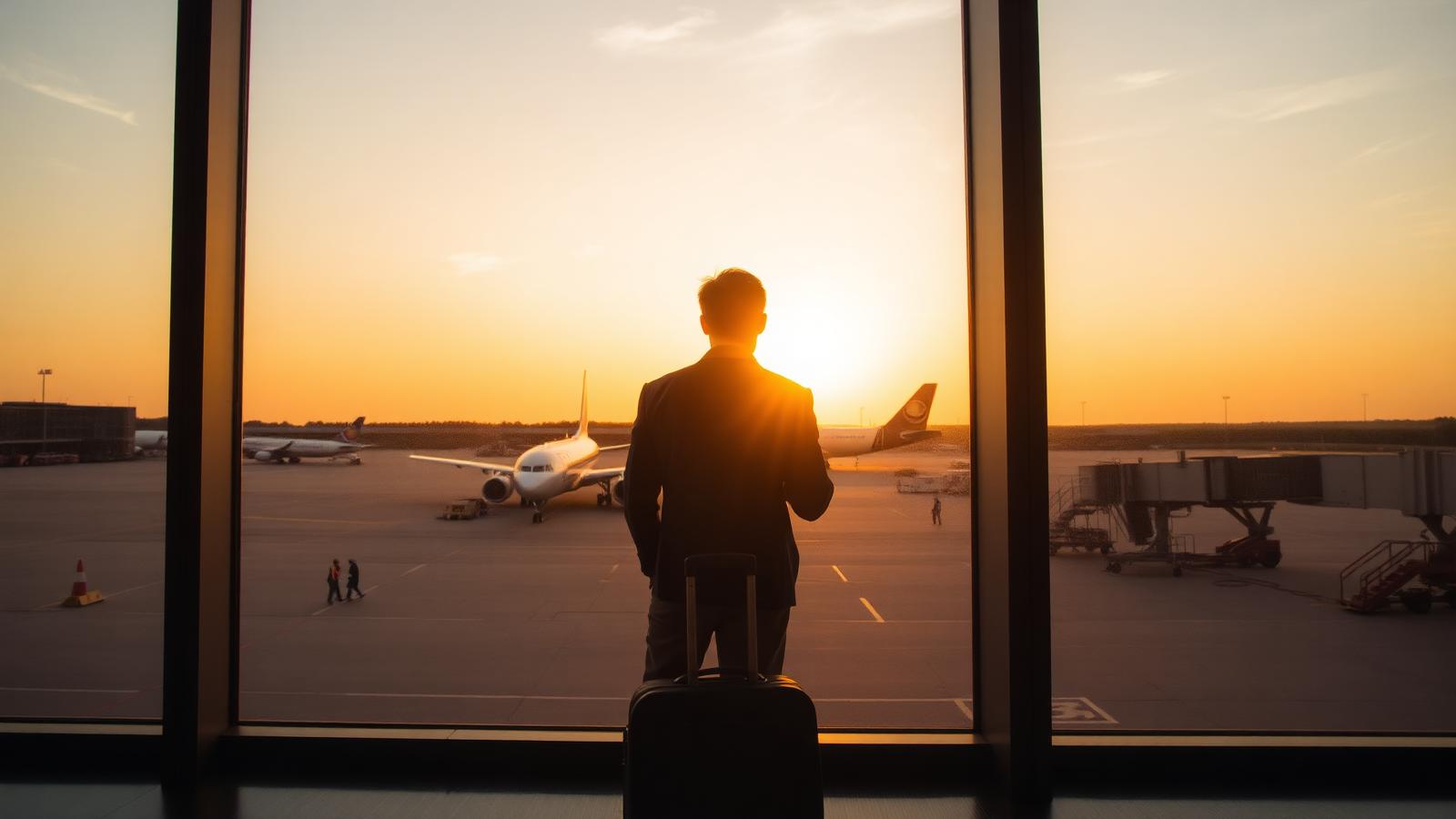 Voyageur avec valise regardant un avion au coucher du soleil dans un aéroport