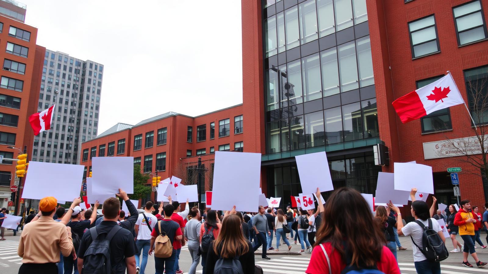 Étudiants du Collège LaSalle manifestant devant l'établissement au centre-ville de Montréal avec des pancartes