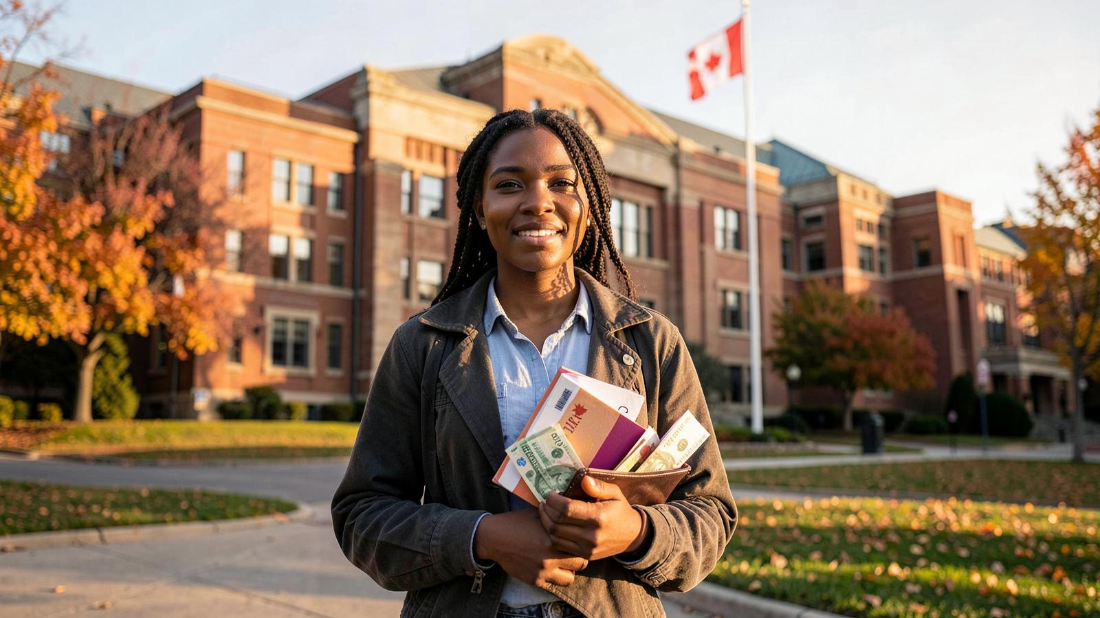 Étudiante internationale tenant ses livres et de l'argent canadien devant un campus universitaire avec un drapeau du Canada