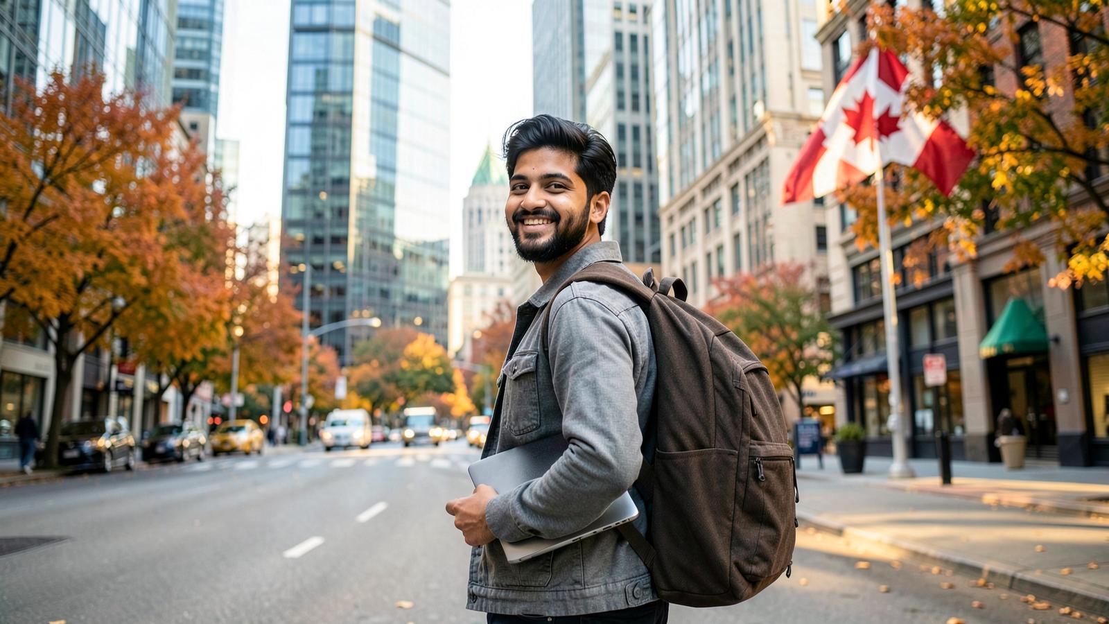 Professionnel de la technologie souriant dans une rue du centre-ville canadien en automne avec un drapeau du Canada